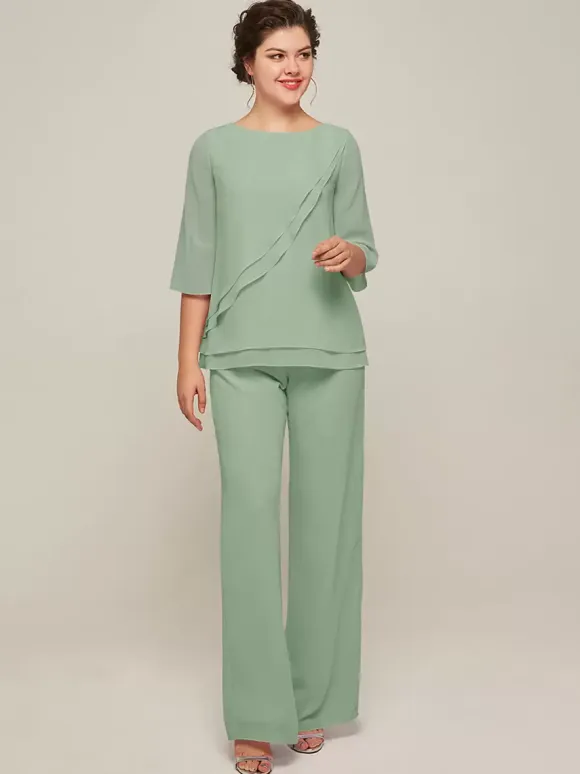 Mother Dress Jewel Neck 3/4 Length Sleeves Two-piece Ruffles Floor-Length Guest Dresses For Wedding