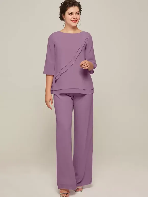 Mother Dress Jewel Neck 3/4 Length Sleeves Two-piece Ruffles Floor-Length Guest Dresses For Wedding