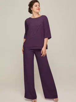 Mother Dress Jewel Neck 3/4 Length Sleeves Two-piece Ruffles Floor-Length Guest Dresses For Wedding