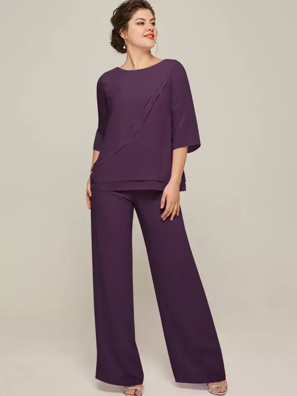 Mother Dress Jewel Neck 3/4 Length Sleeves Two-piece Ruffles Floor-Length Guest Dresses For Wedding