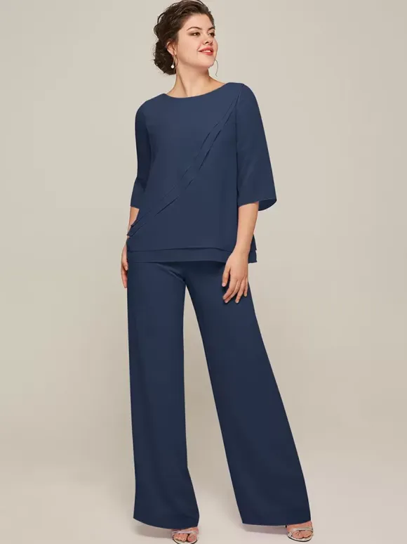 Mother Dress Jewel Neck 3/4 Length Sleeves Two-piece Ruffles Floor-Length Guest Dresses For Wedding