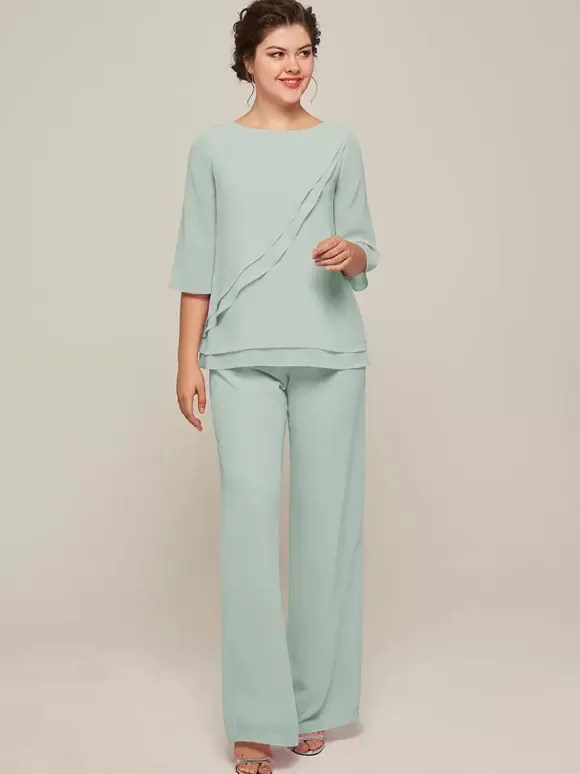Mother Dress Jewel Neck 3/4 Length Sleeves Two-piece Ruffles Floor-Length Guest Dresses For Wedding