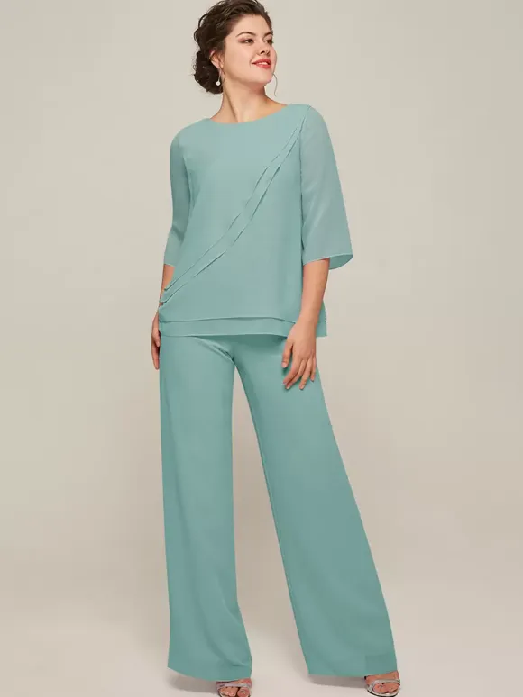 Mother Dress Jewel Neck 3/4 Length Sleeves Two-piece Ruffles Floor-Length Guest Dresses For Wedding