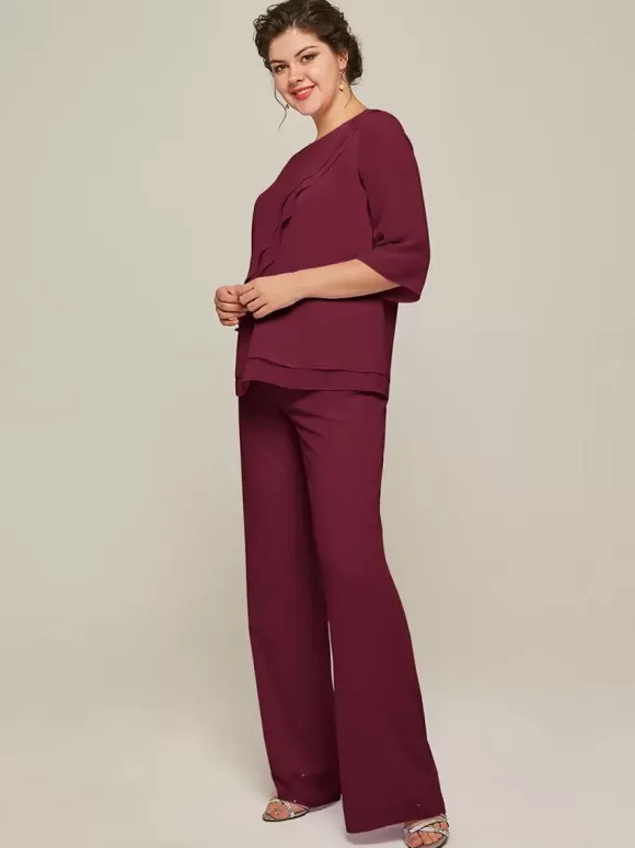 Mother Dress Jewel Neck 3/4 Length Sleeves Two-piece Ruffles Floor-Length Guest Dresses For Wedding