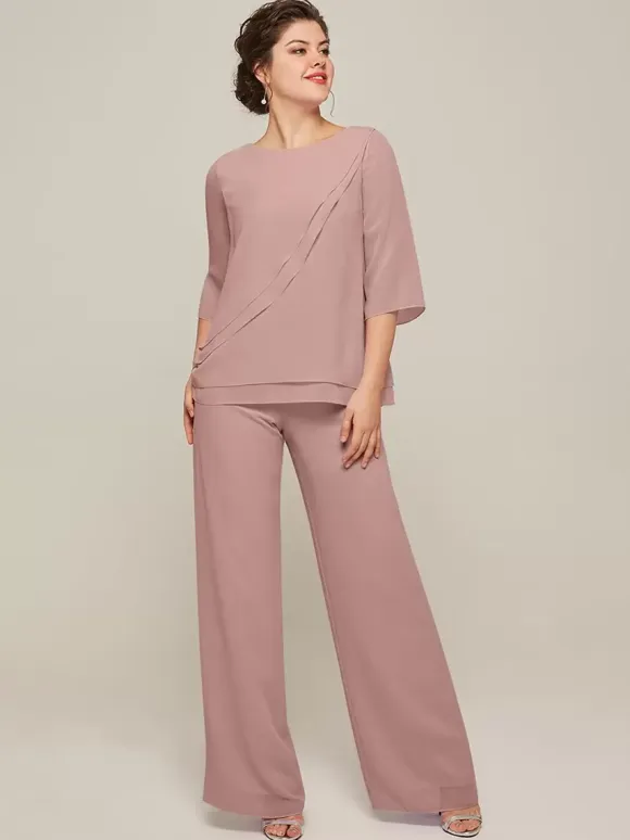 Mother Dress Jewel Neck 3/4 Length Sleeves Two-piece Ruffles Floor-Length Guest Dresses For Wedding