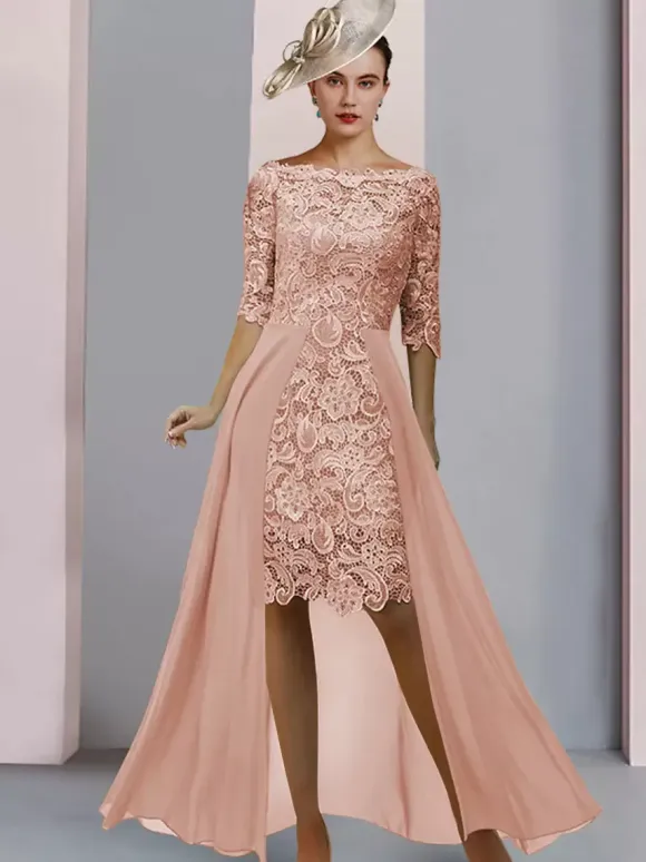 Mother Dress Jewel Neck Half Sleeves Sheath Lace Guest Dresses For Wedding Free Customization