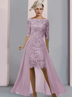 Mother Dress Jewel Neck Half Sleeves Sheath Lace Guest Dresses For Wedding Free Customization