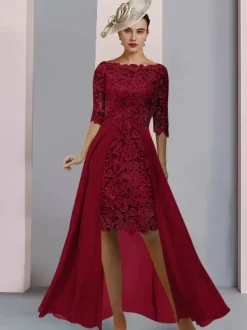 Mother Dress Jewel Neck Half Sleeves Sheath Lace Guest Dresses For Wedding Free Customization