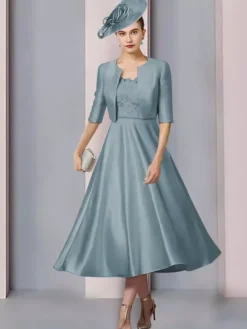 Mother Dress Jewel Neck Half Sleeves A-Line Lace Tea-Length Wedding Guest Dresses