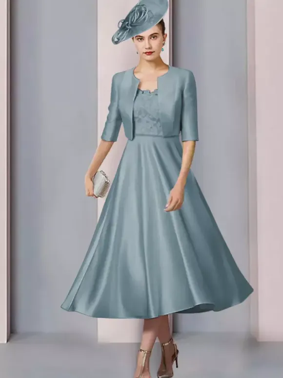 Mother Dress Jewel Neck Half Sleeves A-Line Lace Tea-Length Wedding Guest Dresses