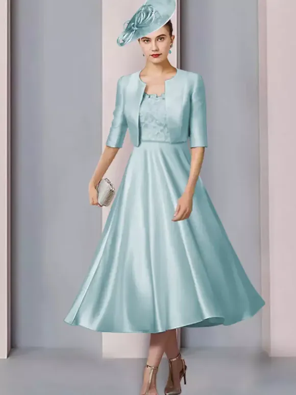Mother Dress Jewel Neck Half Sleeves A-Line Lace Tea-Length Wedding Guest Dresses