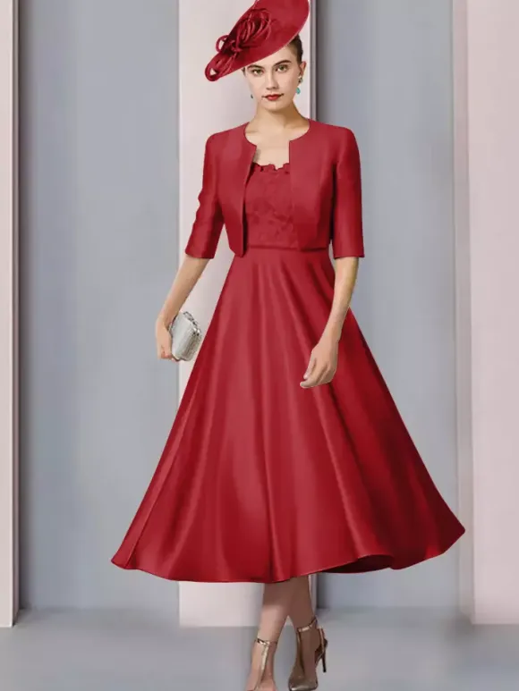 Mother Dress Jewel Neck Half Sleeves A-Line Lace Tea-Length Wedding Guest Dresses