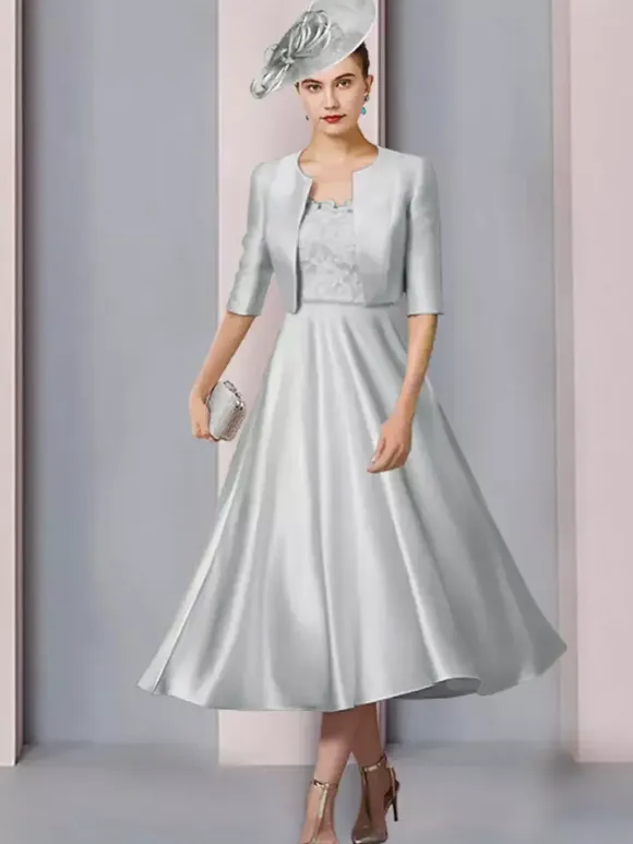 Mother Dress Jewel Neck Half Sleeves A-Line Lace Tea-Length Wedding Guest Dresses