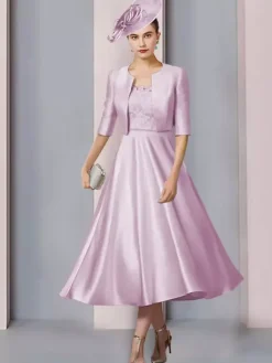 Mother Dress Jewel Neck Half Sleeves A-Line Lace Tea-Length Wedding Guest Dresses