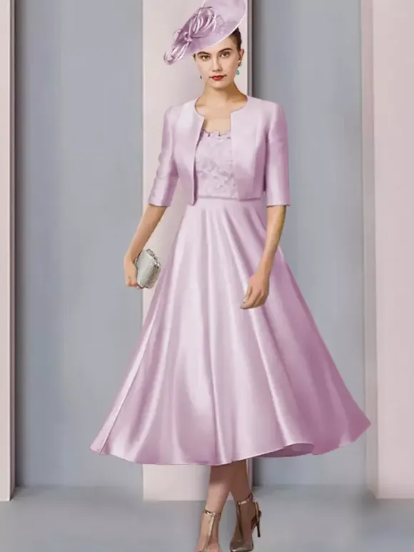 Mother Dress Jewel Neck Half Sleeves A-Line Lace Tea-Length Wedding Guest Dresses