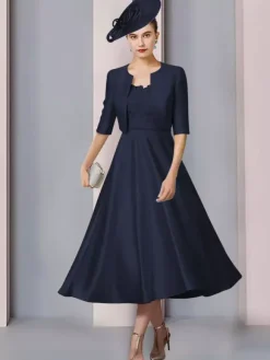 Mother Dress Jewel Neck Half Sleeves A-Line Lace Tea-Length Wedding Guest Dresses
