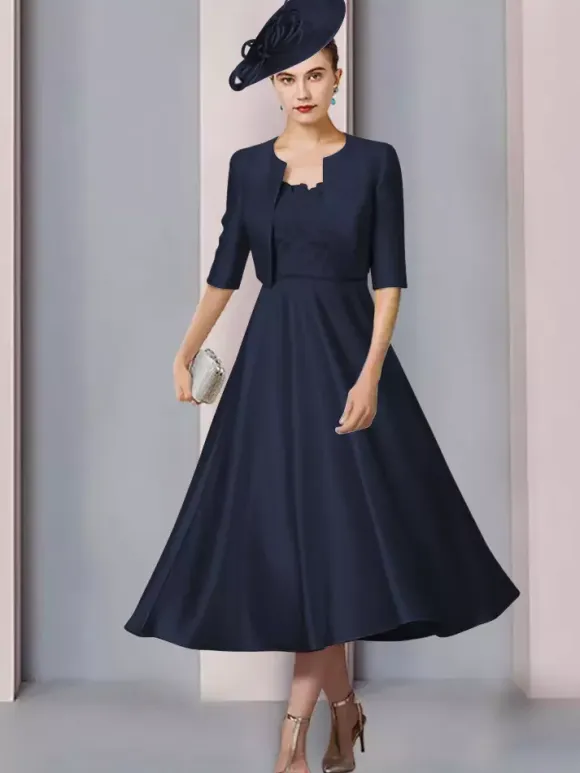 Mother Dress Jewel Neck Half Sleeves A-Line Lace Tea-Length Wedding Guest Dresses