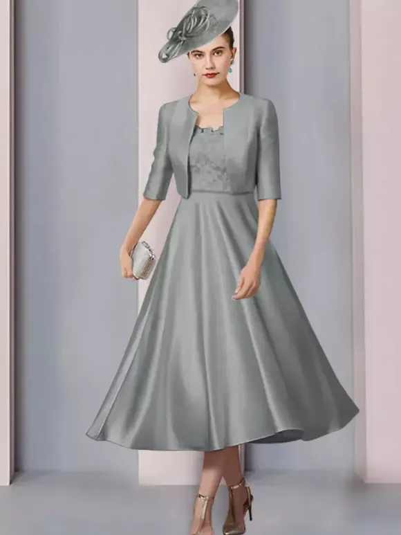 Mother Dress Jewel Neck Half Sleeves A-Line Lace Tea-Length Wedding Guest Dresses