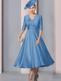 Mother Dress Jewel Neck Half Sleeves A-Line Lace Tea-Length Wedding Guest Dresses