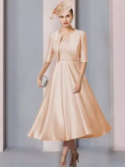 Mother Dress Jewel Neck Half Sleeves A-Line Lace Tea-Length Wedding Guest Dresses