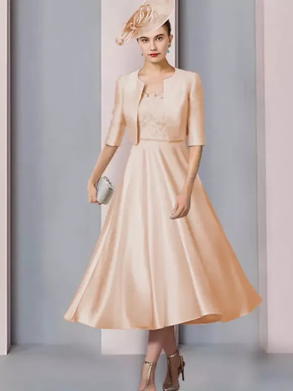 Mother Dress Jewel Neck Half Sleeves A-Line Lace Tea-Length Wedding Guest Dresses