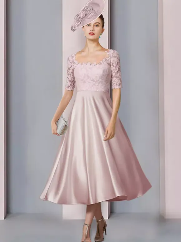 Mother Dress Jewel Neck Half Sleeves A-Line Lace Tea-Length Wedding Guest Dresses