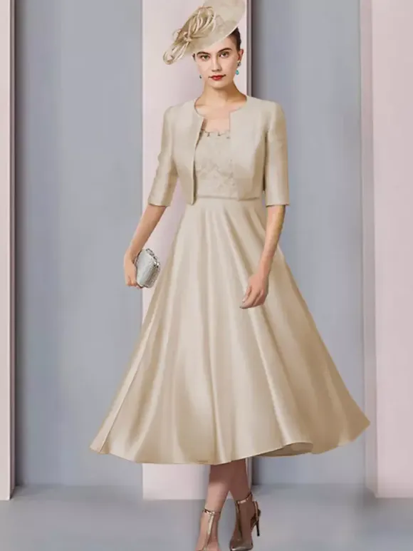 Mother Dress Jewel Neck Half Sleeves A-Line Lace Tea-Length Wedding Guest Dresses