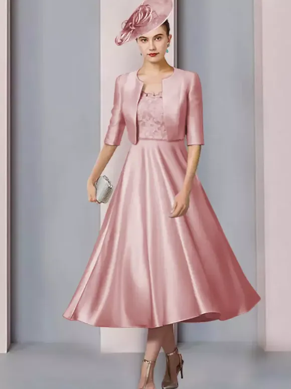 Mother Dress Jewel Neck Half Sleeves A-Line Lace Tea-Length Wedding Guest Dresses
