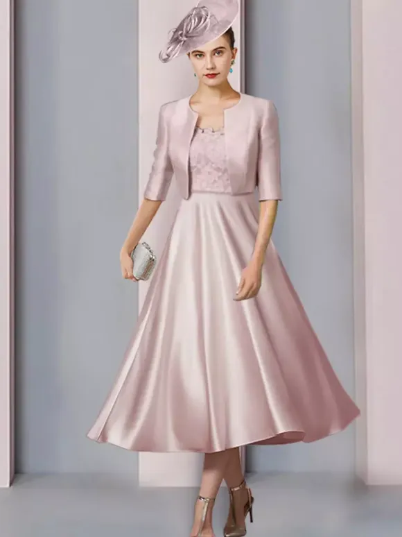 Mother Dress Jewel Neck Half Sleeves A-Line Lace Tea-Length Wedding Guest Dresses