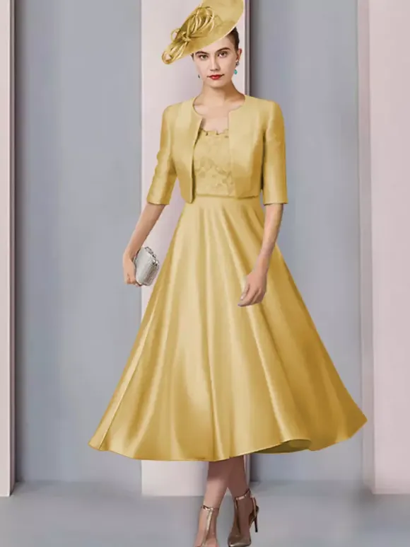 Mother Dress Jewel Neck Half Sleeves A-Line Lace Tea-Length Wedding Guest Dresses