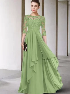 Mother Dress Jewel Neck Half Sleeves A-Line Lace Floor-Length Guest Dresses For Wedding Free Customization
