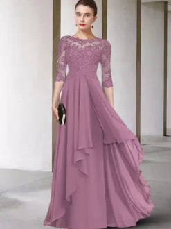 Mother Dress Jewel Neck Half Sleeves A-Line Lace Floor-Length Guest Dresses For Wedding Free Customization