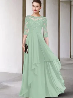 Mother Dress Jewel Neck Half Sleeves A-Line Lace Floor-Length Guest Dresses For Wedding Free Customization