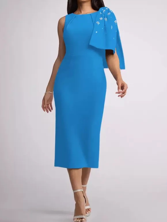 Mother Dress Jewel Neck Sleeveless Sheath Bows Tea-Length Wedding Guest Dresses