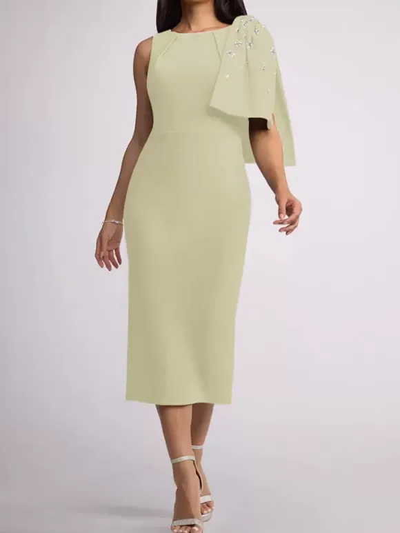Mother Dress Jewel Neck Sleeveless Sheath Bows Tea-Length Wedding Guest Dresses