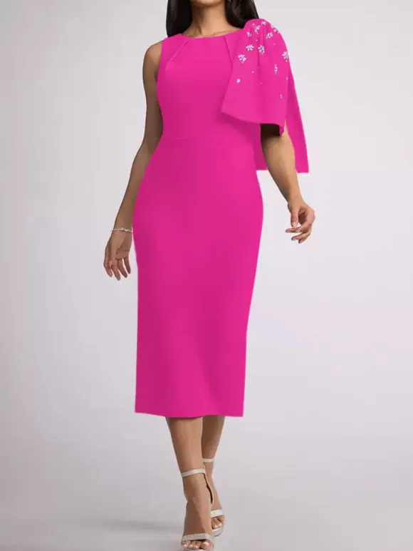 Mother Dress Jewel Neck Sleeveless Sheath Bows Tea-Length Wedding Guest Dresses