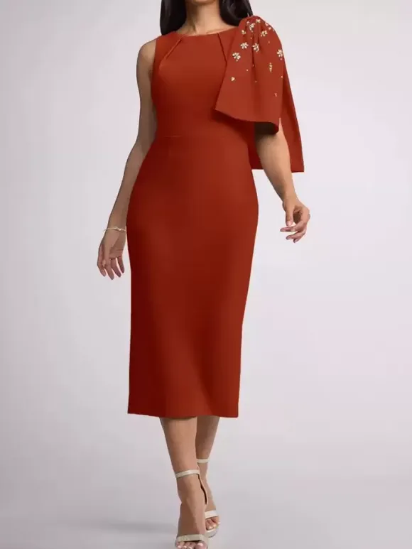 Mother Dress Jewel Neck Sleeveless Sheath Bows Tea-Length Wedding Guest Dresses