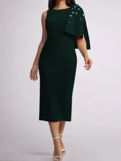 Mother Dress Jewel Neck Sleeveless Sheath Bows Tea-Length Wedding Guest Dresses