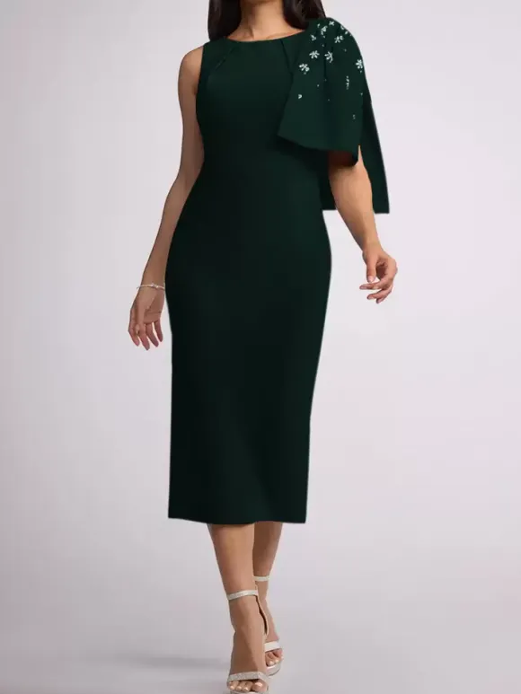 Mother Dress Jewel Neck Sleeveless Sheath Bows Tea-Length Wedding Guest Dresses