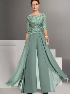 Mother Dress Lace Chiffon Designed Neckline Half Sleeves Jumpsuit Lace Wedding Guest Dresses