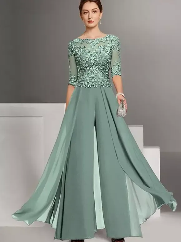 Mother Dress Lace Chiffon Designed Neckline Half Sleeves Jumpsuit Lace Wedding Guest Dresses
