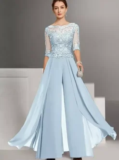 Mother Dress Lace Chiffon Designed Neckline Half Sleeves Jumpsuit Lace Wedding Guest Dresses
