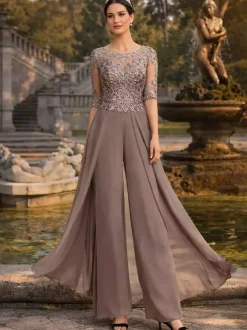 Mother Dress Lace Chiffon Designed Neckline Half Sleeves Jumpsuit Lace Wedding Guest Dresses
