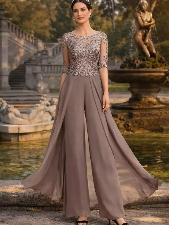 Mother Dress Lace Chiffon Designed Neckline Half Sleeves Jumpsuit Lace Wedding Guest Dresses