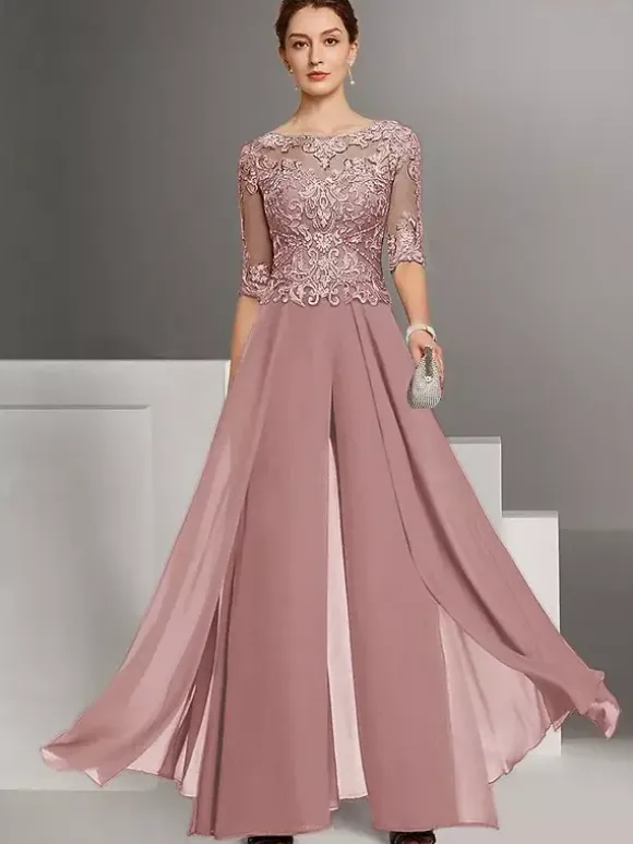 Mother Dress Lace Chiffon Designed Neckline Half Sleeves Jumpsuit Lace Wedding Guest Dresses