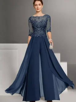 Mother Dress Lace Chiffon Designed Neckline Half Sleeves Jumpsuit Lace Wedding Guest Dresses