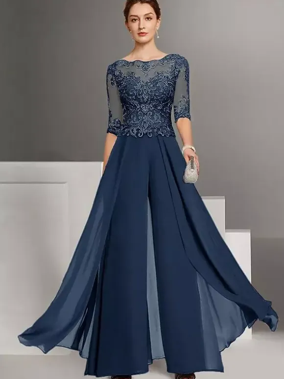Mother Dress Lace Chiffon Designed Neckline Half Sleeves Jumpsuit Lace Wedding Guest Dresses