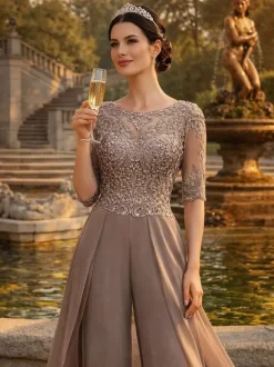 Mother Dress Lace Chiffon Designed Neckline Half Sleeves Jumpsuit Lace Wedding Guest Dresses