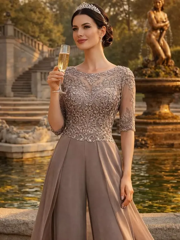 Mother Dress Lace Chiffon Designed Neckline Half Sleeves Jumpsuit Lace Wedding Guest Dresses