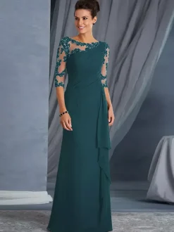 Mother Dress Of The Bride Jewel Neck 3/4 Length Sleeves Sheath Pleated Bodycon Long Wedding Guest Dresses Free Customization